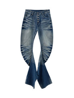 Vintage Distressed Button Fly Ruched Panel Flared Jeans