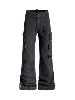 Vintage Washed Multi-Pocket Adjustable Strap Flare Cargo Pants