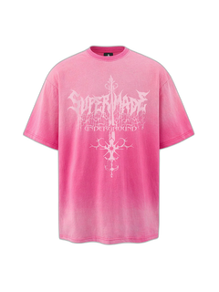 Acid Wash Gothic Cross Spine Graphic Distressed T-Shirt - Rosa