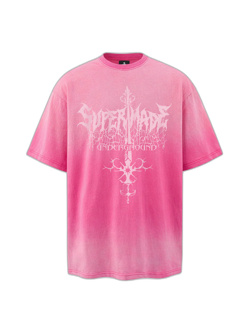 Acid Wash Gothic Cross Spine Graphic Distressed T-Shirt