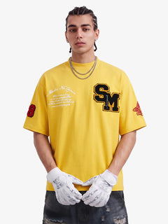 Retro Motorcycle Style Heavy Patch Embroidered T-shirt - Amarillo