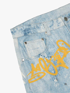 Retro Artistic Graffiti Angelic Prints Baggy Jeans - Azul