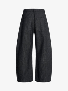 Vintage Pinstripe Pleated Wide-Leg Barrel Pants - Negro