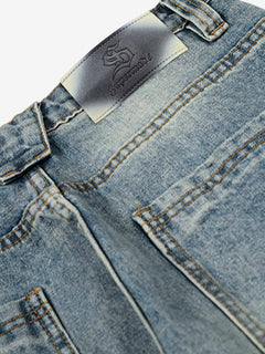 Washed Metal Hook Front Design Barrel Jeans - Azul