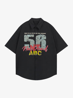 Retro Letter Print Short Sleeve Shir - Negro