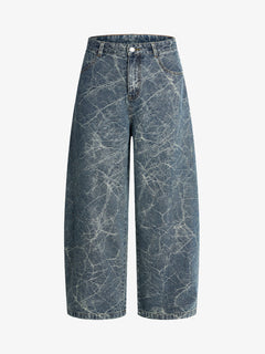 Retro Crackle-Washed Barrel Jeans - Azul