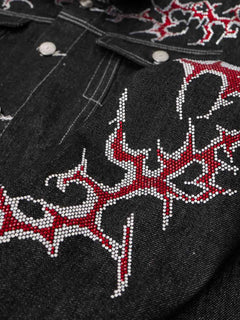 Rhinestone Thorn Graphic Denim Jacket - Gray Black