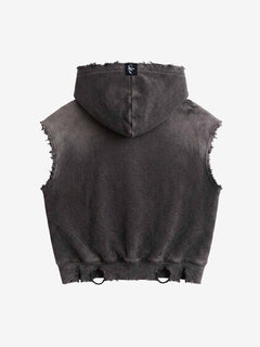 Distressed Multi-Label Graphic Sleeveless Zip Hoodie - Gris oscuro