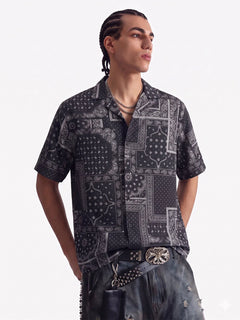 Vintage Bandana Patchwork Cuban Shirt - Negro