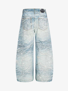 Vintage Washed Rhinestone Wide Leg Denim Jeans - Azul