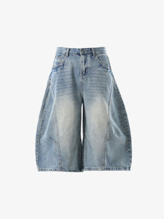 Curved Silhouette 3D Paneled Denim Shorts - Light Blue