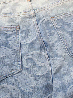 Floral Jacquard Denim Jeans - Blue And White
