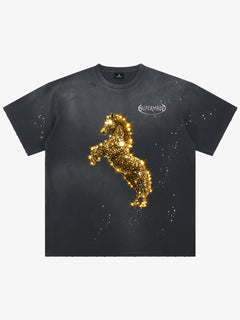 Vintage Wash Glitter Horse Pattern Splash Ink T-Shirt - Negro