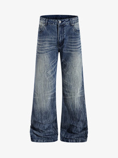 Vintage Washed Distressed Flared Denim Jeans - Azul