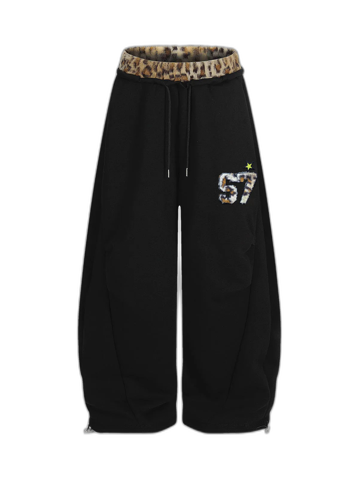 Retro Double-Waist Leopard Patch Barrel Pants