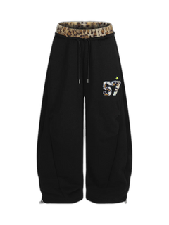 Retro Double-Waist Leopard Patch Barrel Pants - Negro
