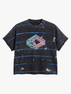 Vintage Washed Striped Paint Splatter Graphic T-Shirt - Negro