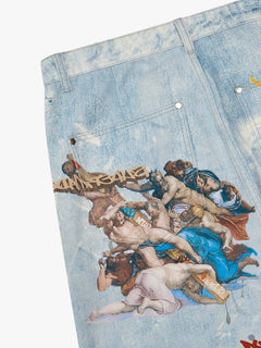 Retro Artistic Graffiti Angelic Prints Baggy Jeans - Azul