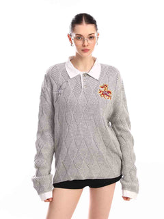 Retro Contrast Collar Embroidery Knit Sweater - Gris