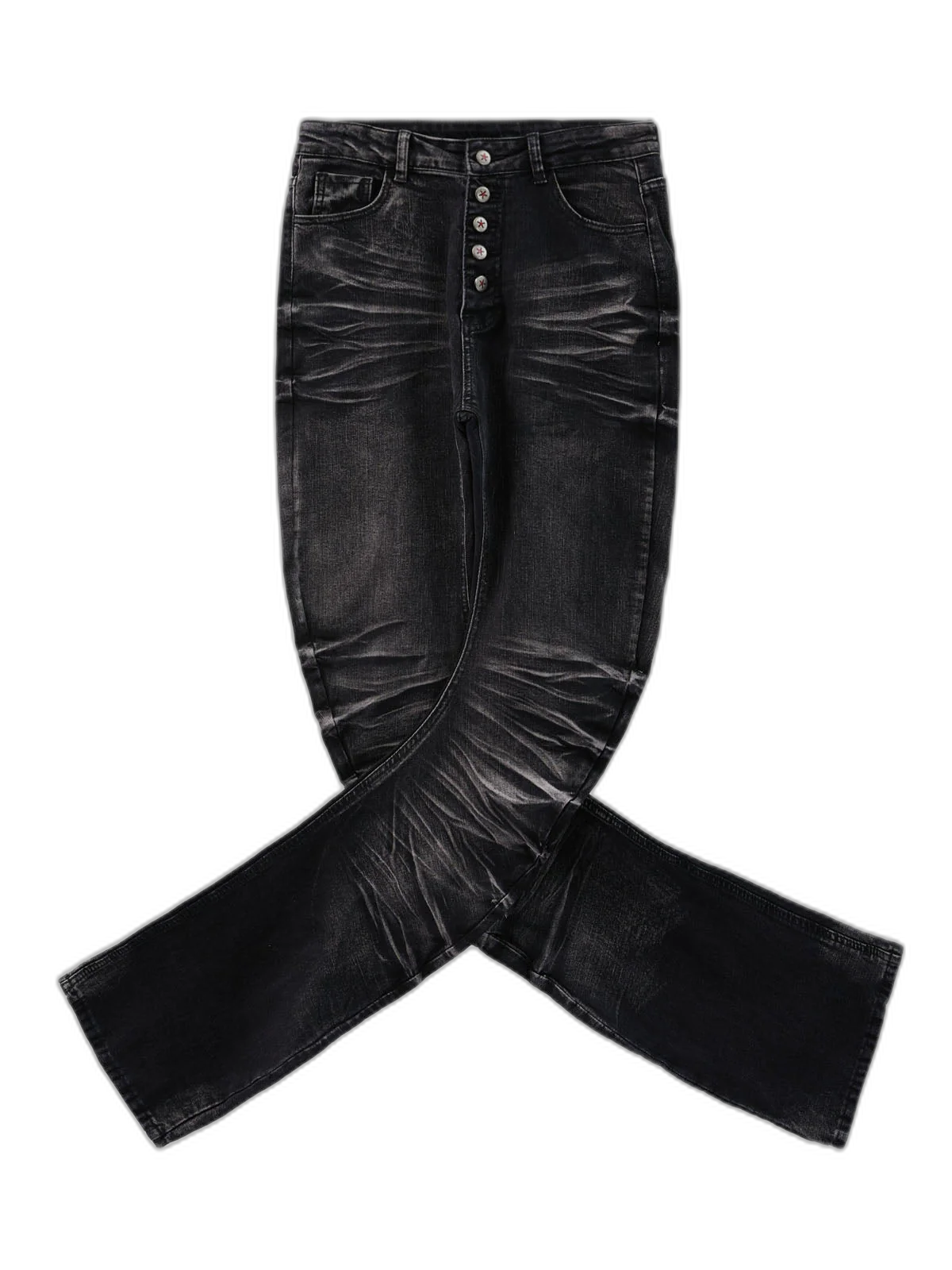 Vintage Distressed Button Fly Ruched Panel Flared Jeans