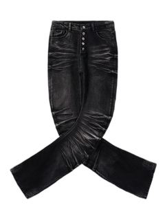 Vintage Distressed Button Fly Ruched Panel Flared Jeans - Negro