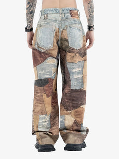 High Street Distressed Washed Printed Jeans - Café