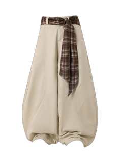 Sash-Belt Curved Balloon Pants - Khaki