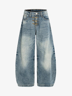 Washed Metal Hook Front Design Barrel Jeans - Azul