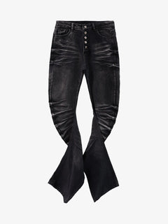 Vintage Distressed Button Fly Ruched Panel Flared Jeans - Negro