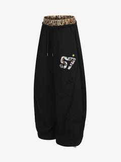 Retro Double-Waist Leopard Patch Barrel Pants - Negro