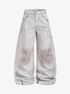 Cyber-Grunge Distressed Tinted Curved Jeans - White Gray