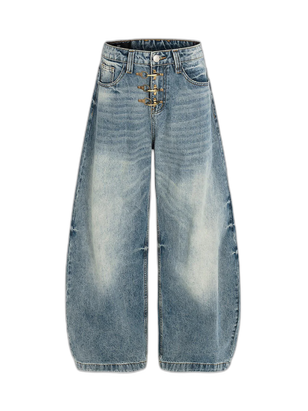 Washed Metal Hook Front Design Barrel Jeans