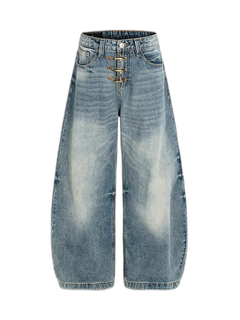 Washed Metal Hook Front Design Barrel Jeans - Azul