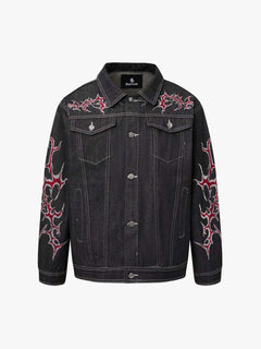 Rhinestone Thorn Graphic Denim Jacket - Gray Black