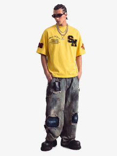 Retro Motorcycle Style Heavy Patch Embroidered T-shirt - Amarillo