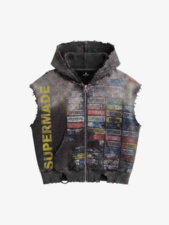 Distressed Multi-Label Graphic Sleeveless Zip Hoodie - Gris oscuro