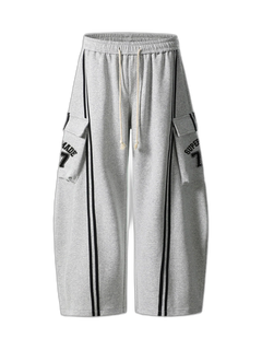 Cotton Web Stitching Letter Print Drawstring Barrel Pants - Light Gray - MAIN