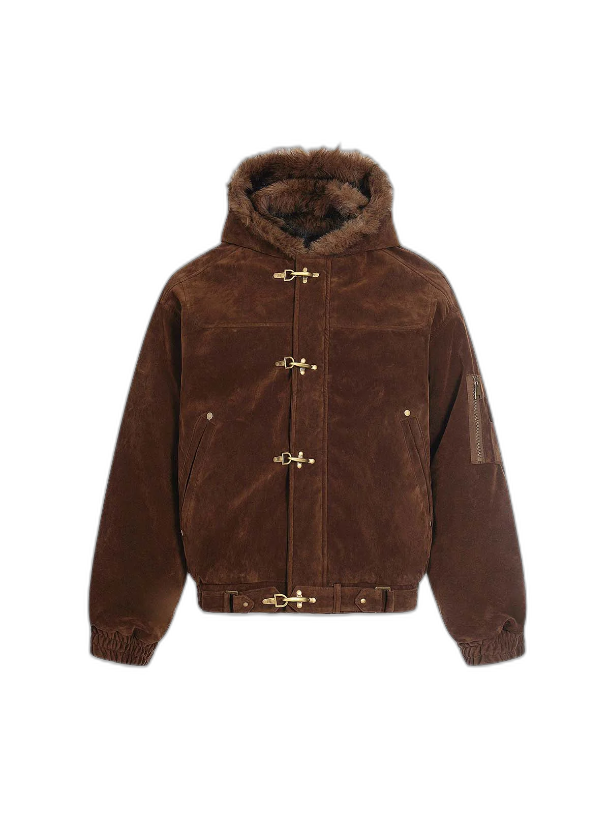 Streetwear Metal Clip Faux Fur Hooded Suede Bomber Jacket