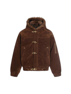 Streetwear Metal Clip Faux Fur Hooded Suede Bomber Jacket - Coffee