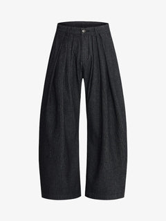 Vintage Pinstripe Pleated Wide-Leg Barrel Pants - Negro