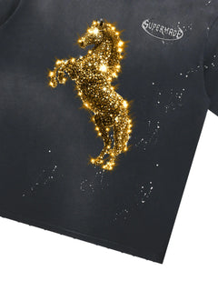 Vintage Wash Glitter Horse Pattern Splash Ink T-Shirt - Negro