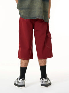 Denim Welt-Embellished Cargo Jorts - Rojo
