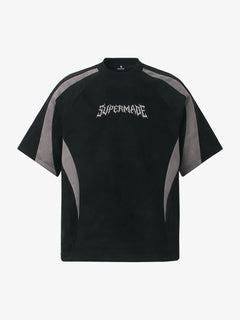 Suede Panel Embroidered Logo Short Sleeve T-Shirt - Negro