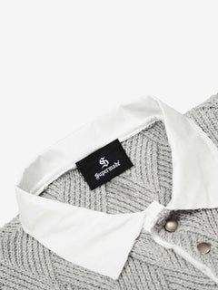 Retro Contrast Collar Embroidery Knit Sweater - Gris