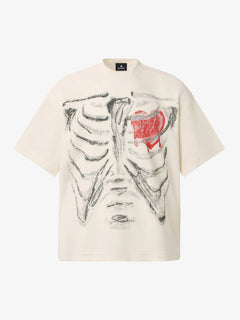 Skeleton & Melted Heart Graphic Waffle Knit T-Shirt - Beige