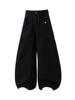 Curved-Hem Baggy Cargo Pants - Negro - MAIN
