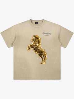 Vintage Wash Glitter Horse Pattern Splash Ink T-Shirt - Albaricoque