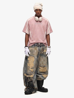 Suede Panel Embroidered Logo Short Sleeve T-Shirt - Rosa
