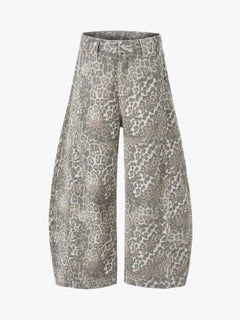 Street Leopard Camouflage Pleated Barrel Jeans - Leopardo