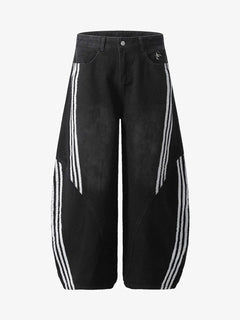 Contrast Side Stripe Denim Barrel Jeans - Azul - MAIN